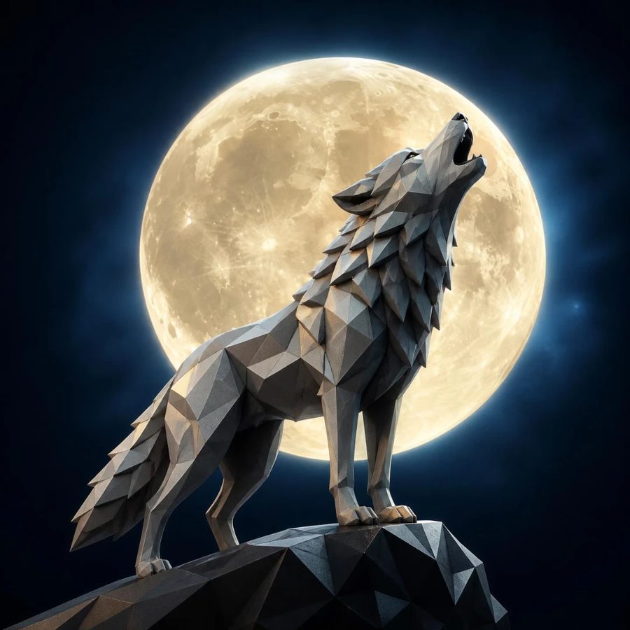 Lobo geométrico aullando frente a la luna llena, símbolo de Wolf System AI